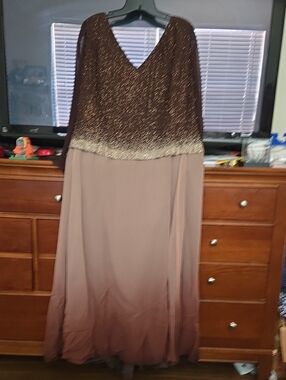 Elegant Long Sleeve V-Neck Evening Dress in Brown and Taupe